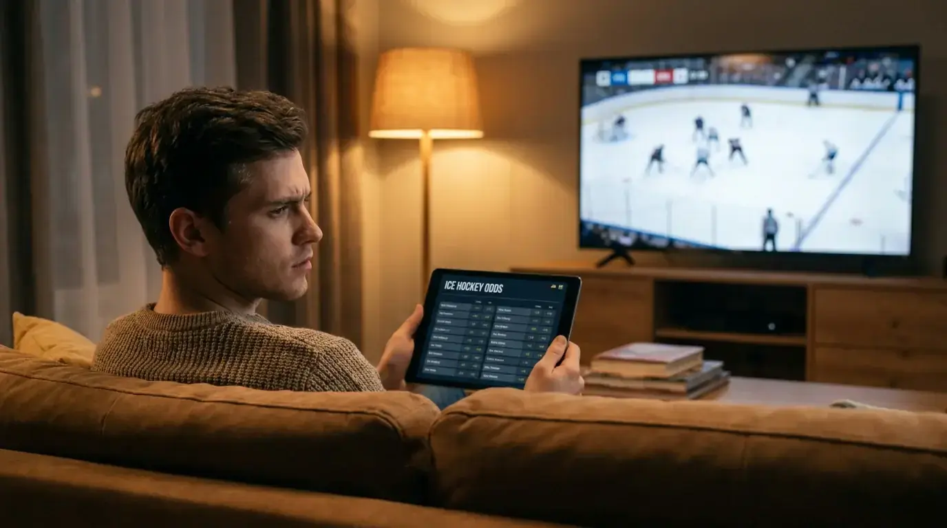 Beginner punter studying ice hockey odds on a tablet at home