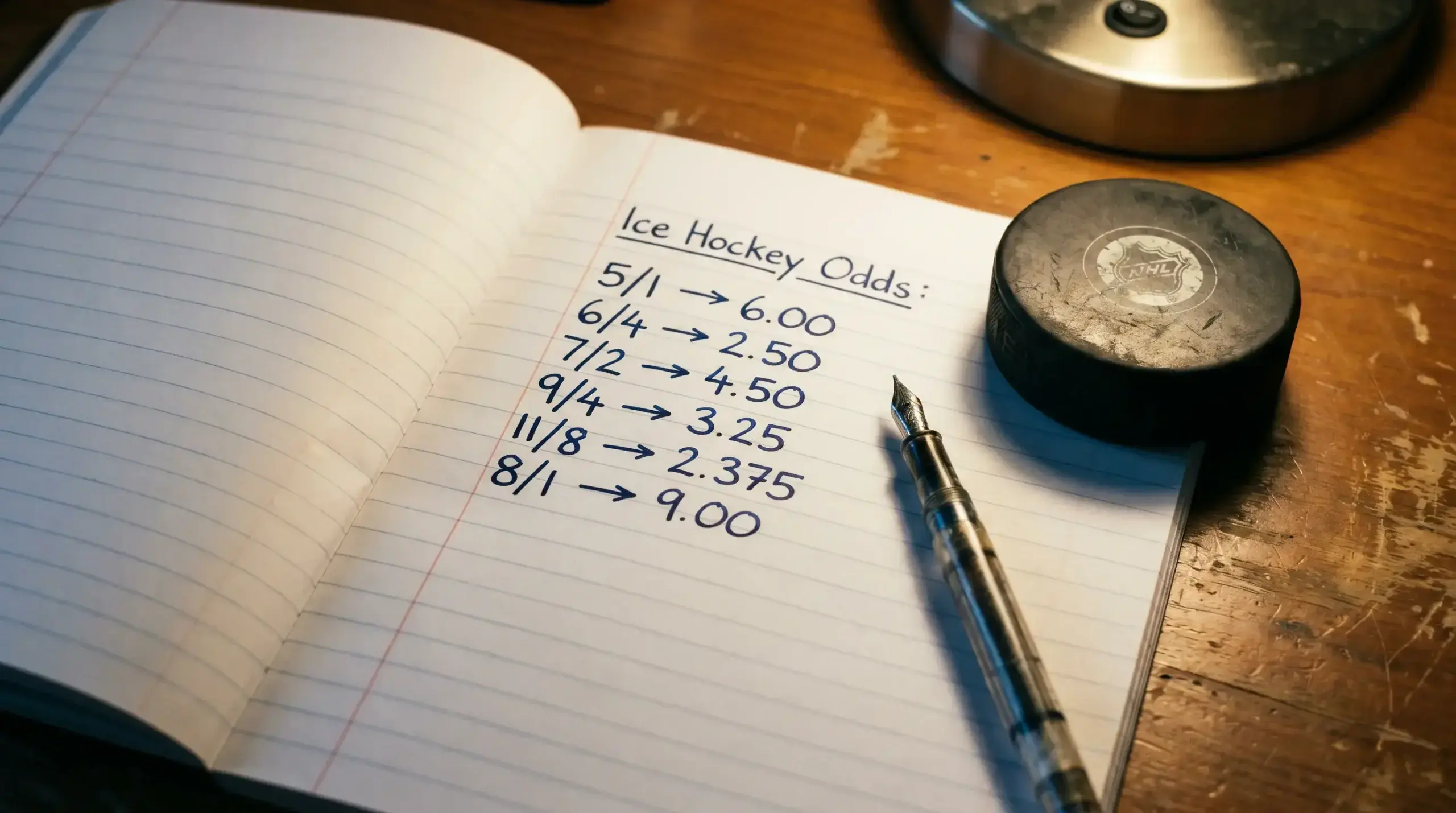 Notebook showing fractional ice hockey odds converted into decimal values