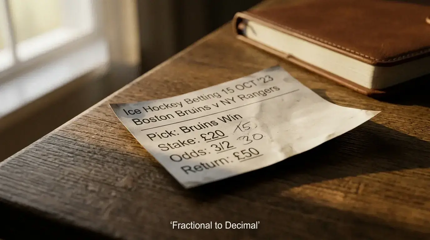 A printed ice hockey betting slip resting on a table beside a notepad with handwritten odds conversions