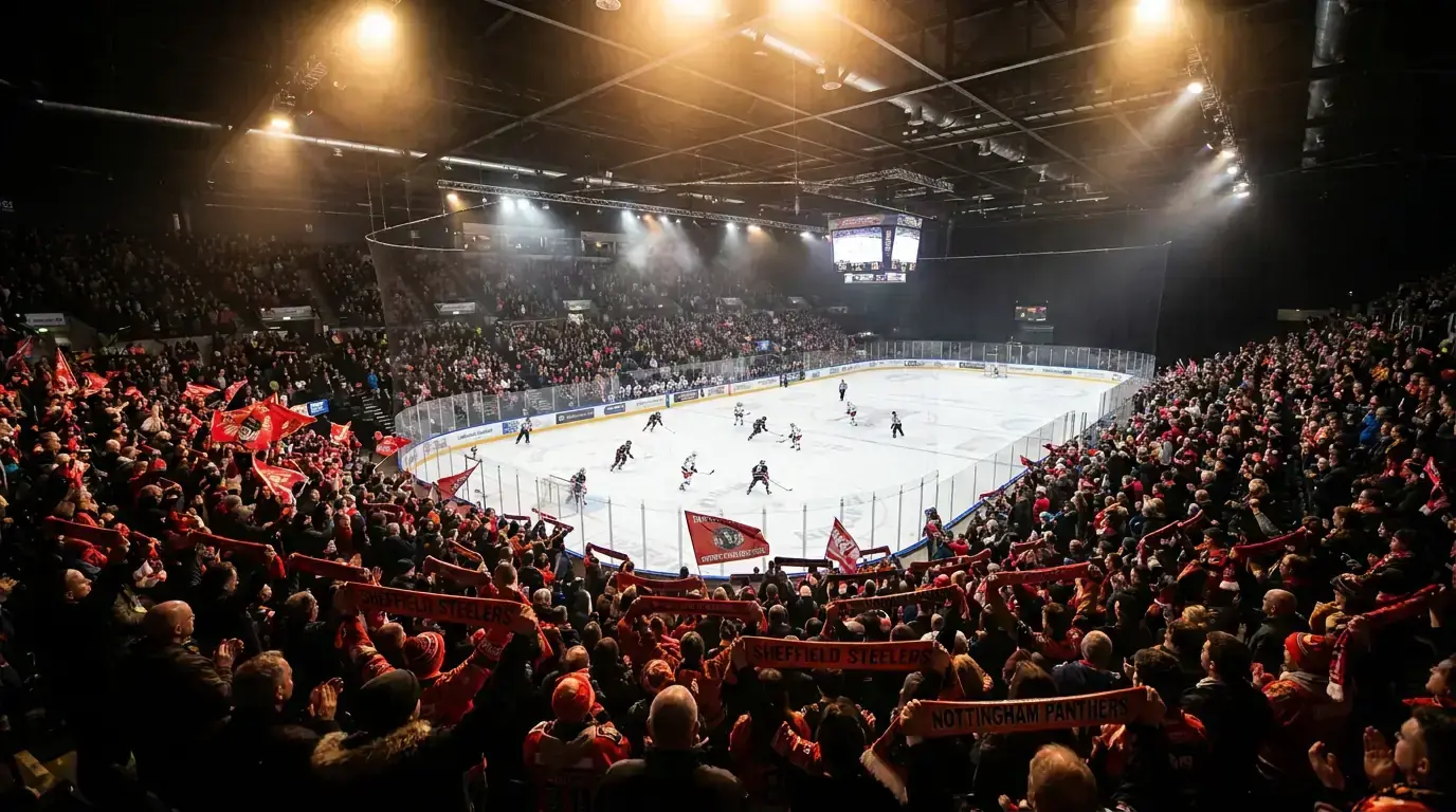 Packed EIHL arena crowd watching Cardiff Devils in a British ice hockey match
