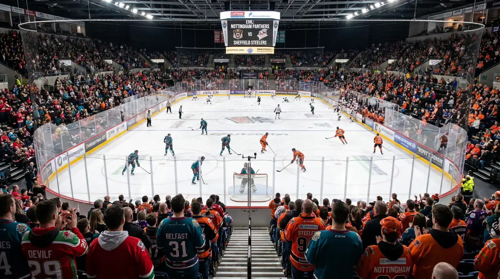 A growing EIHL home crowd packing the stands at a British ice hockey arena