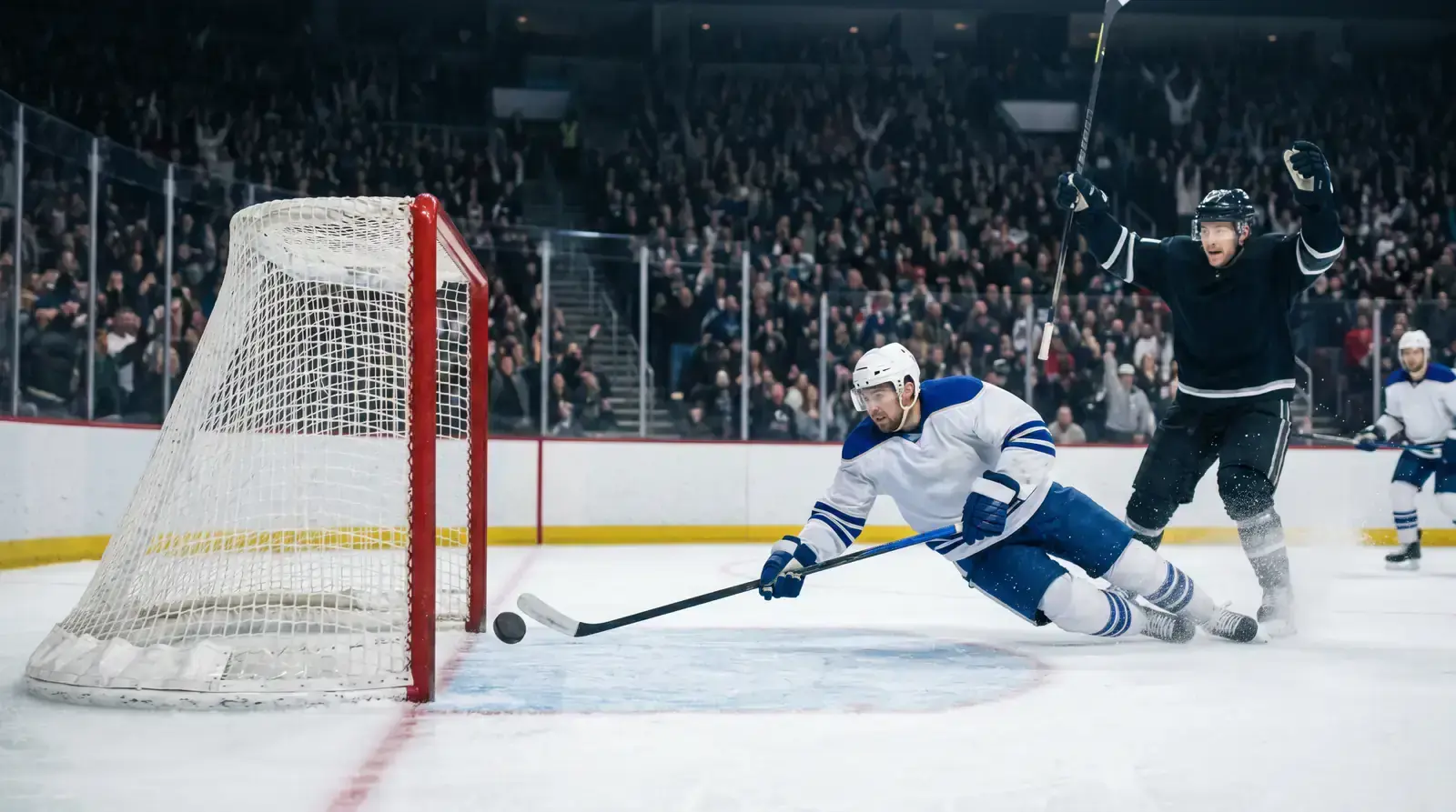 Ice hockey team scoring into an empty net after the opposing goalie is pulled