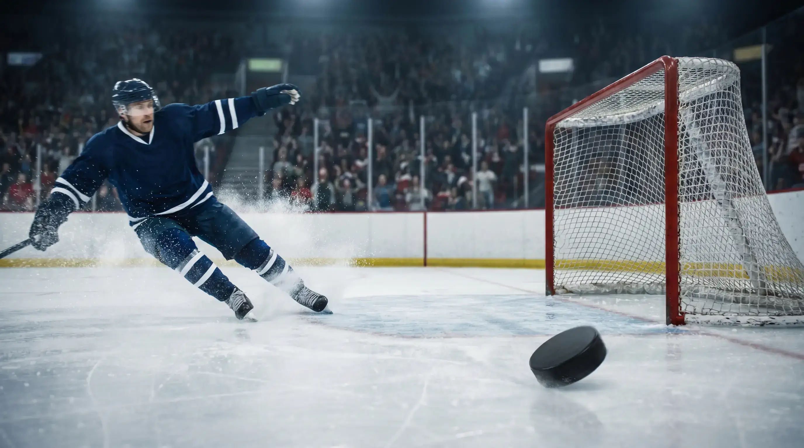 An empty ice hockey net after the goaltender is pulled for an extra attacker in the final minute