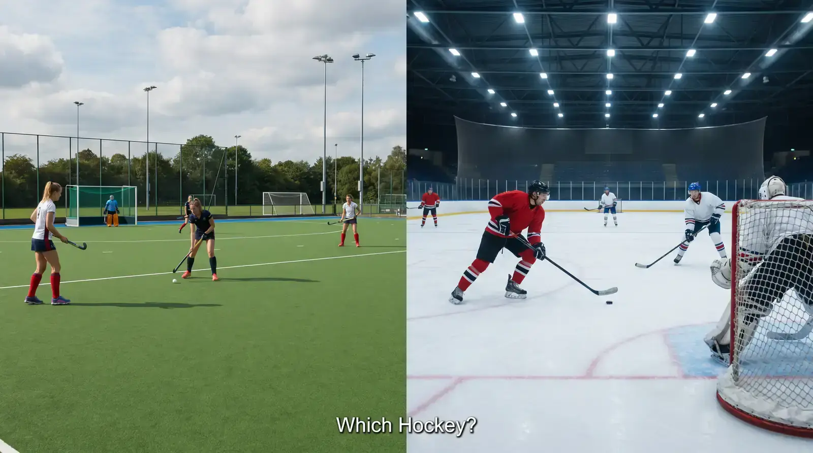 A field hockey pitch and an ice hockey rink shown together to mark the UK terminology difference