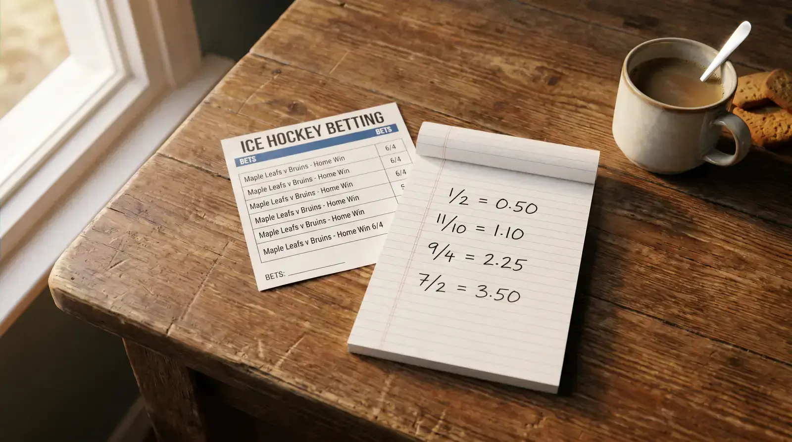 A notepad showing fractional odds converted to decimal beside an ice hockey betting slip