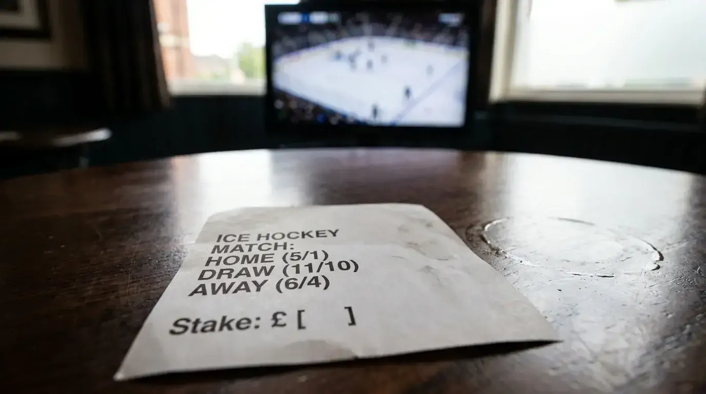 UK betting slip printed with fractional ice hockey odds and pound stakes
