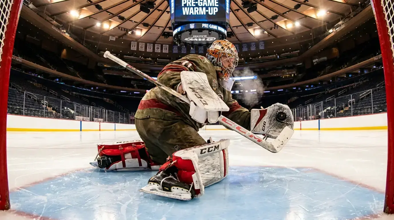 Ice hockey goaltender taking warm-up before a confirmed starting lineup