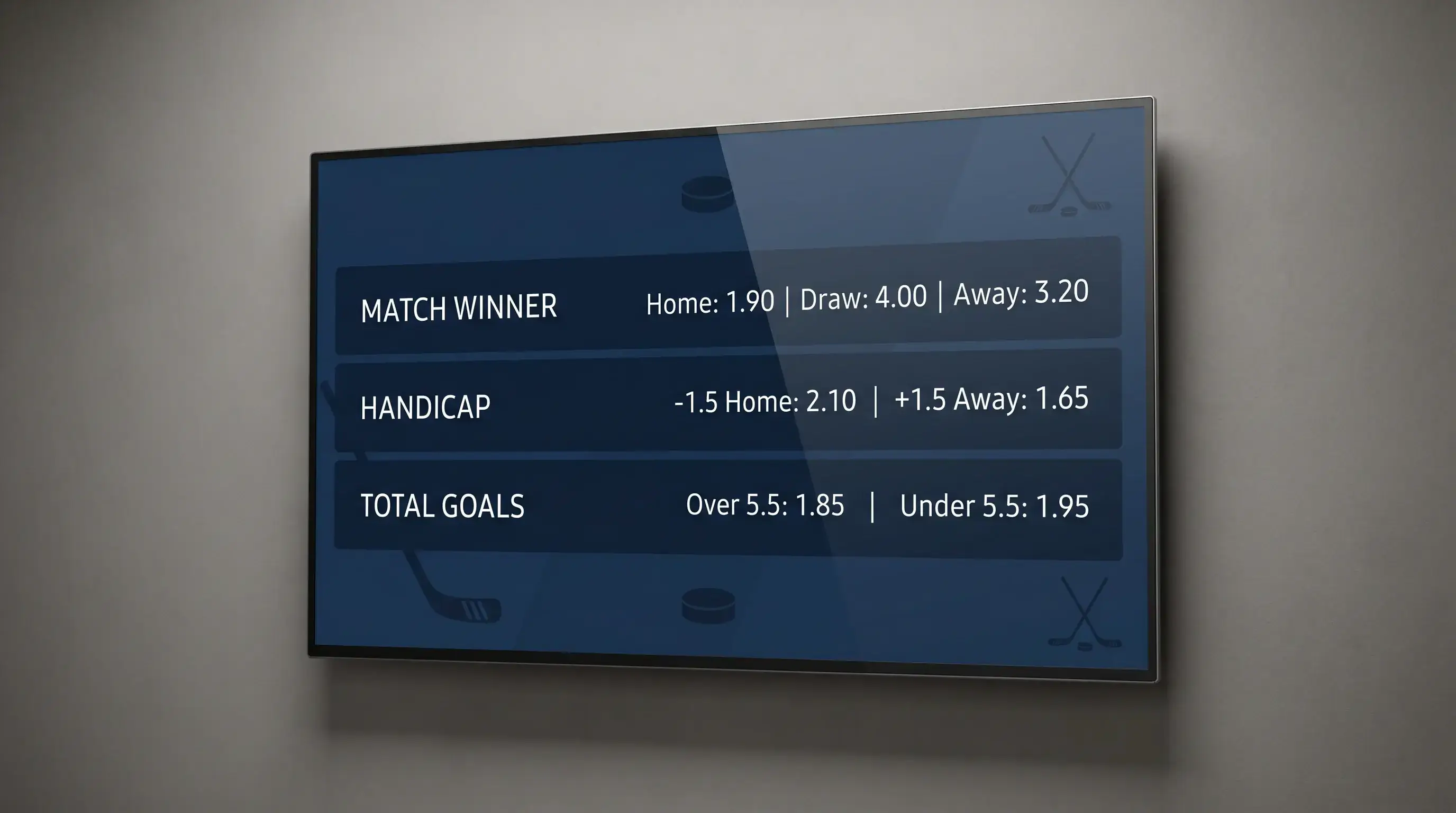 Ice hockey betting board showing moneyline, puck line and totals markets for an NHL fixture
