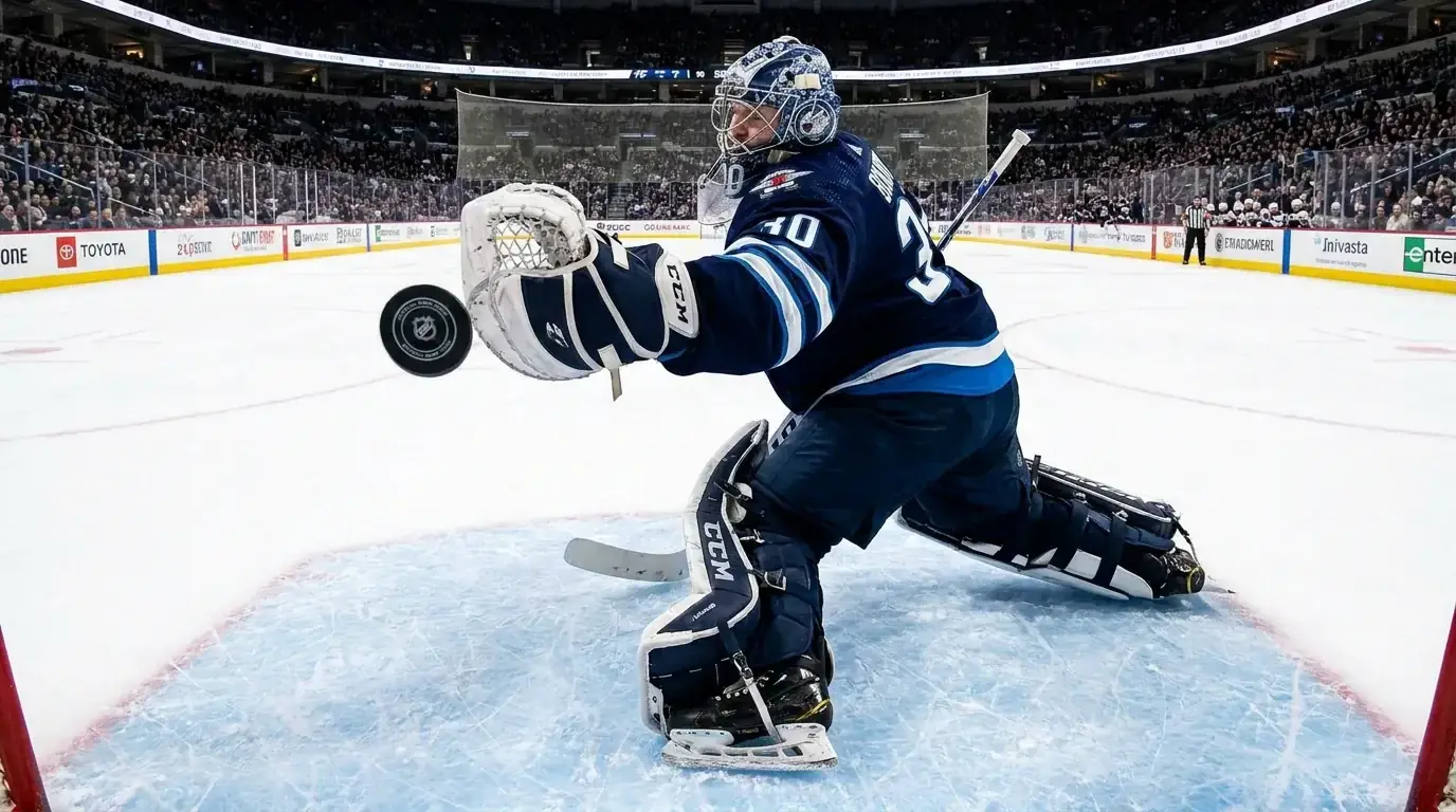 An EIHL goaltender in strong form making a save during a league game