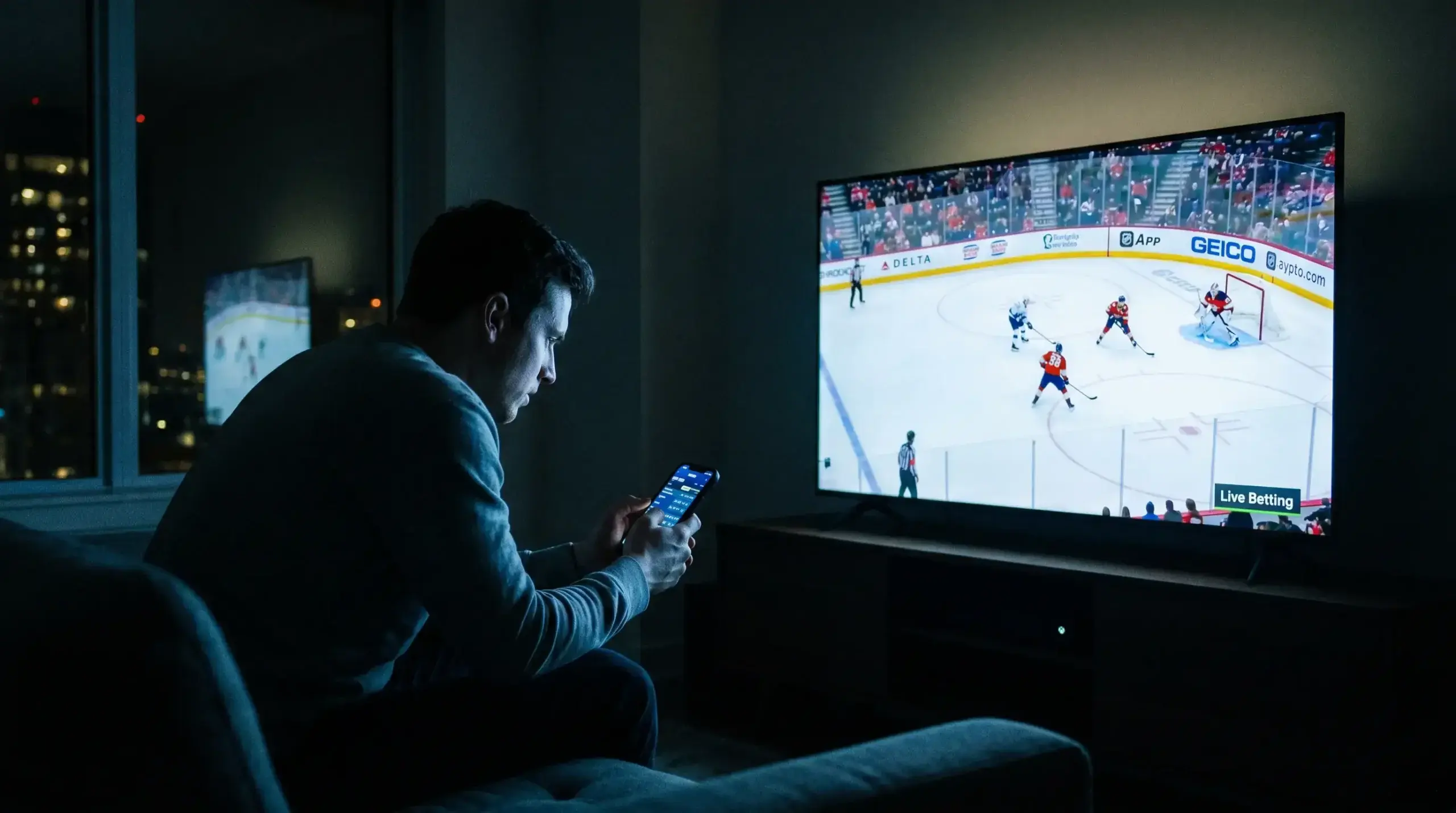 A bettor watching a live ice hockey game while in-play odds shift on a second screen