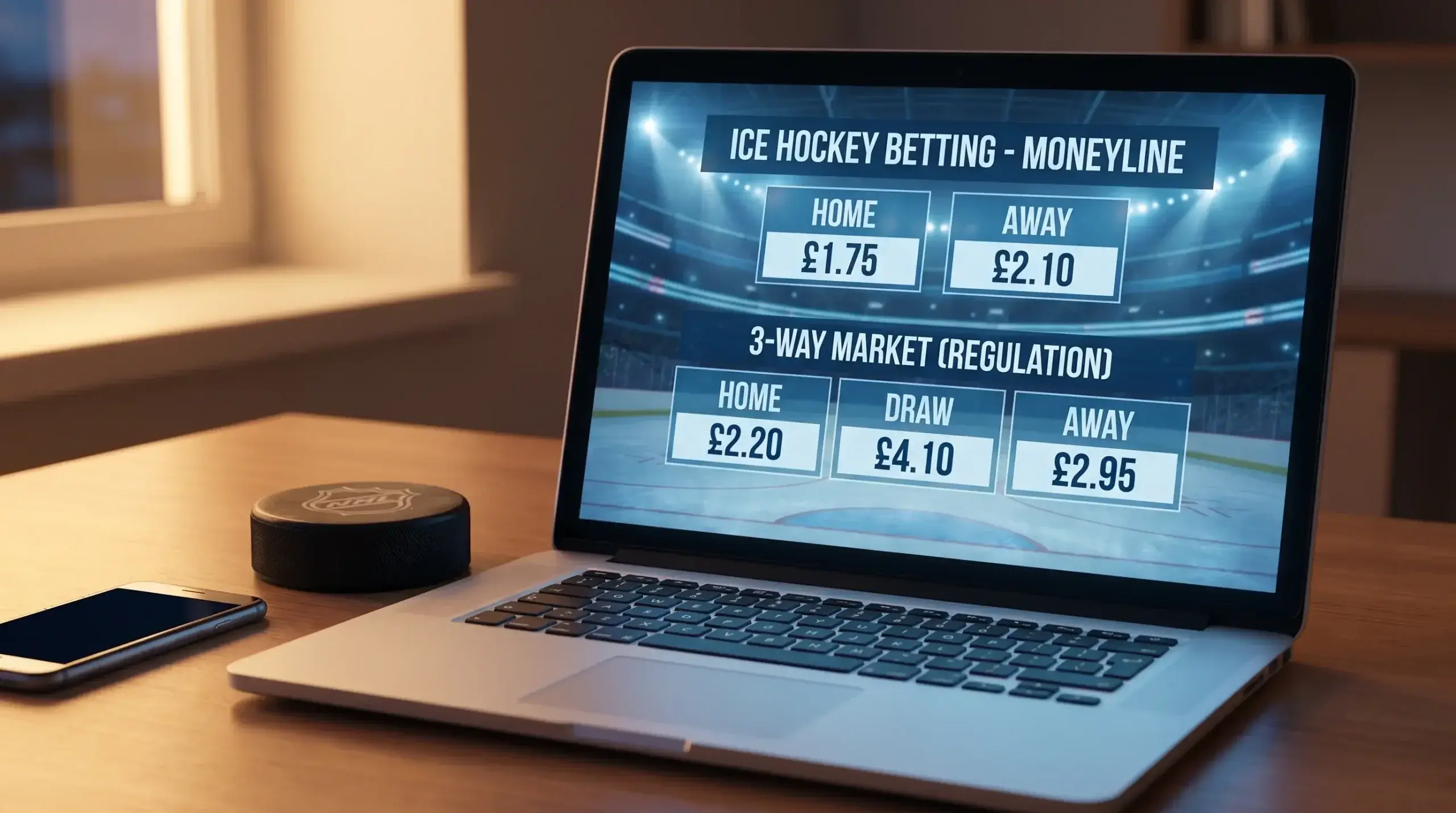 Ice hockey moneyline betting screen showing two-way and three-way markets for a UK punter