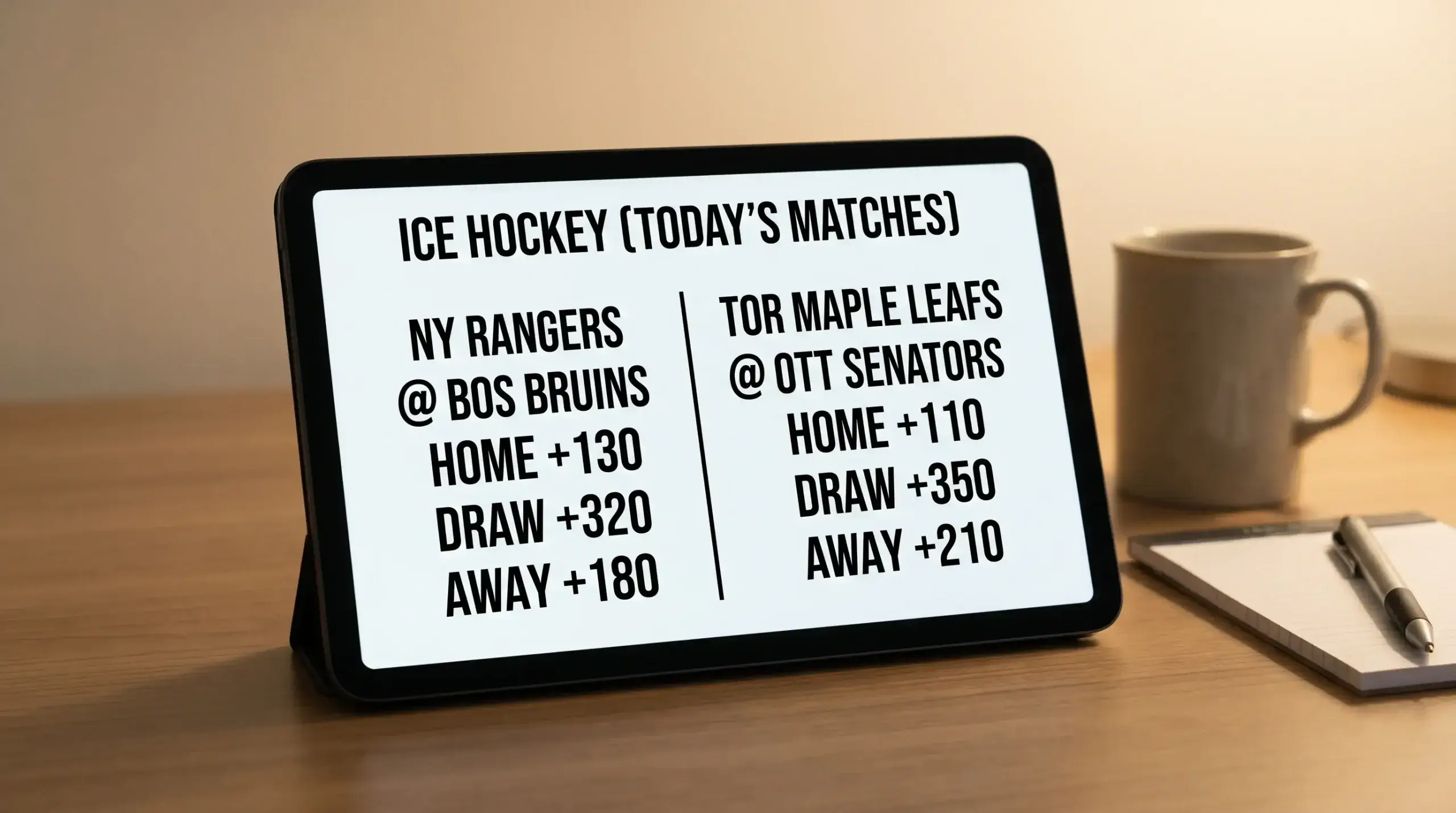 Two ice hockey moneyline prices displayed side by side on a tablet for comparison