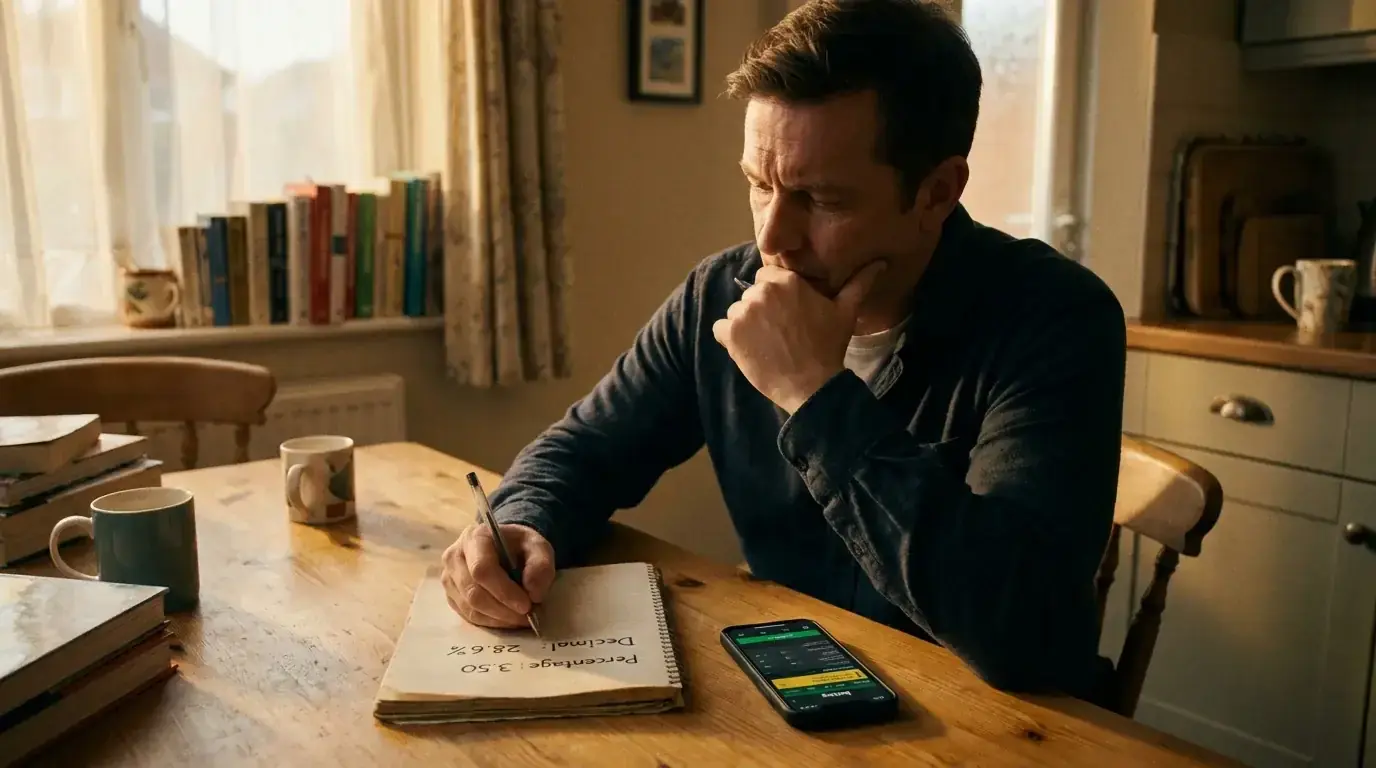 A bettor comparing a decimal price against an implied probability percentage in a notebook