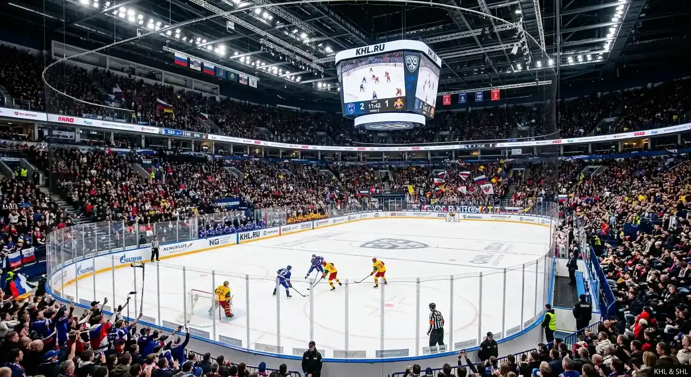 A European ice hockey arena during a KHL fixture with fans filling the stands