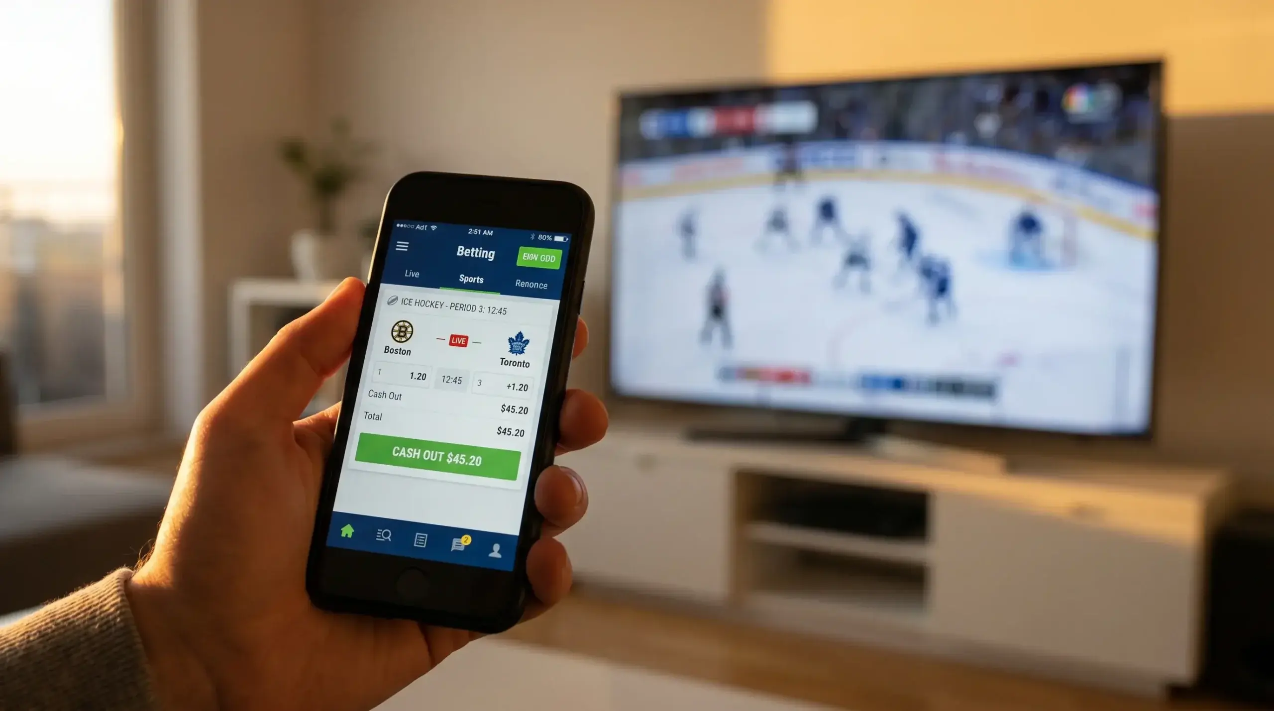 A live ice hockey bet showing a cash-out option mid-game