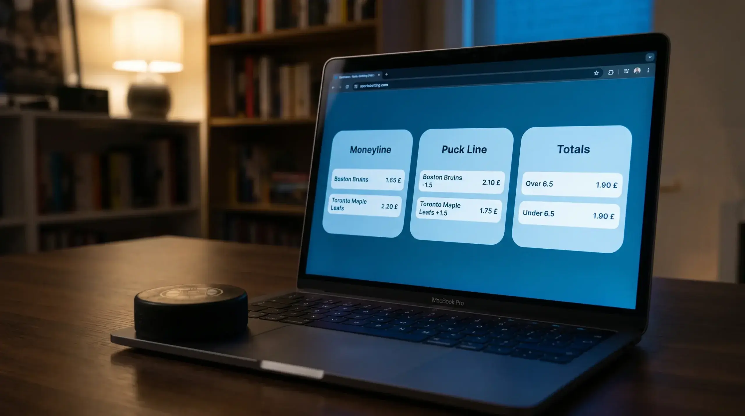 NHL betting screen showing moneyline, puck line and totals markets in decimal odds