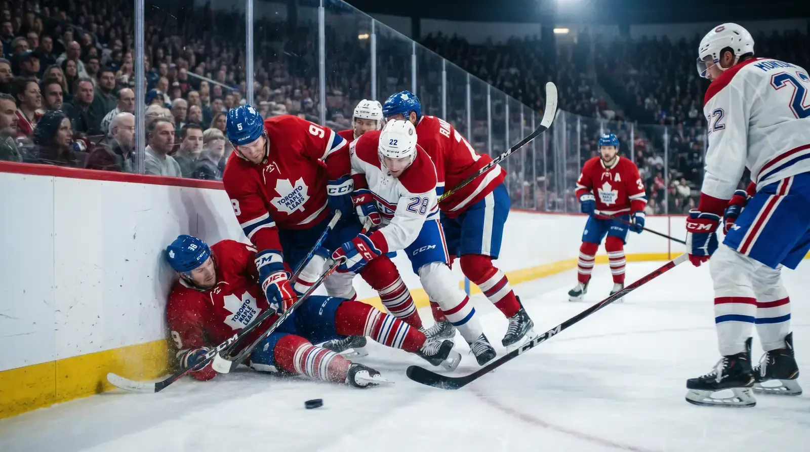 Two ice hockey teams battling in a tight one-goal game finish