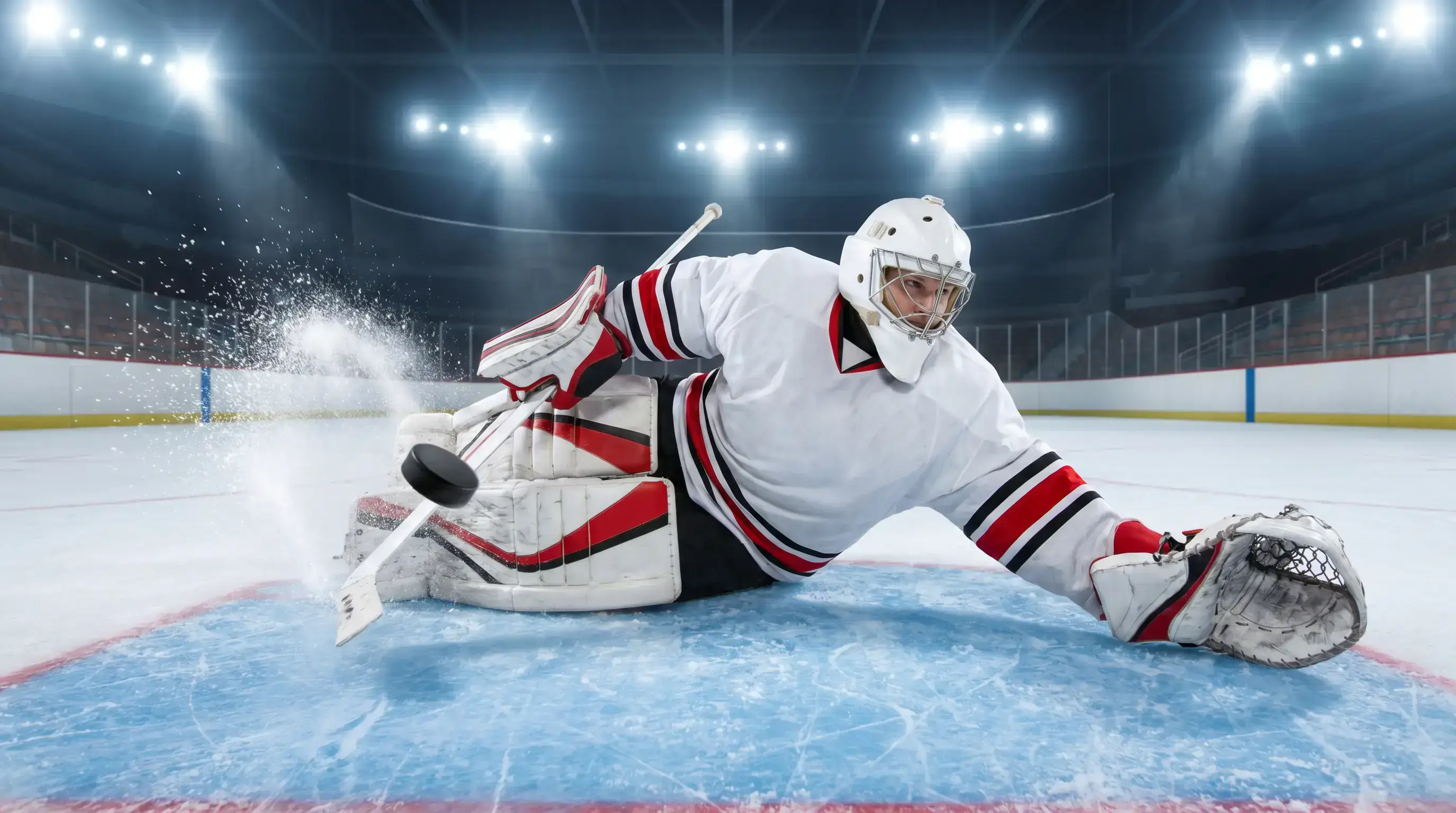 Ice hockey goaltender making a save, illustrating how goaltending sets the over/under goals total
