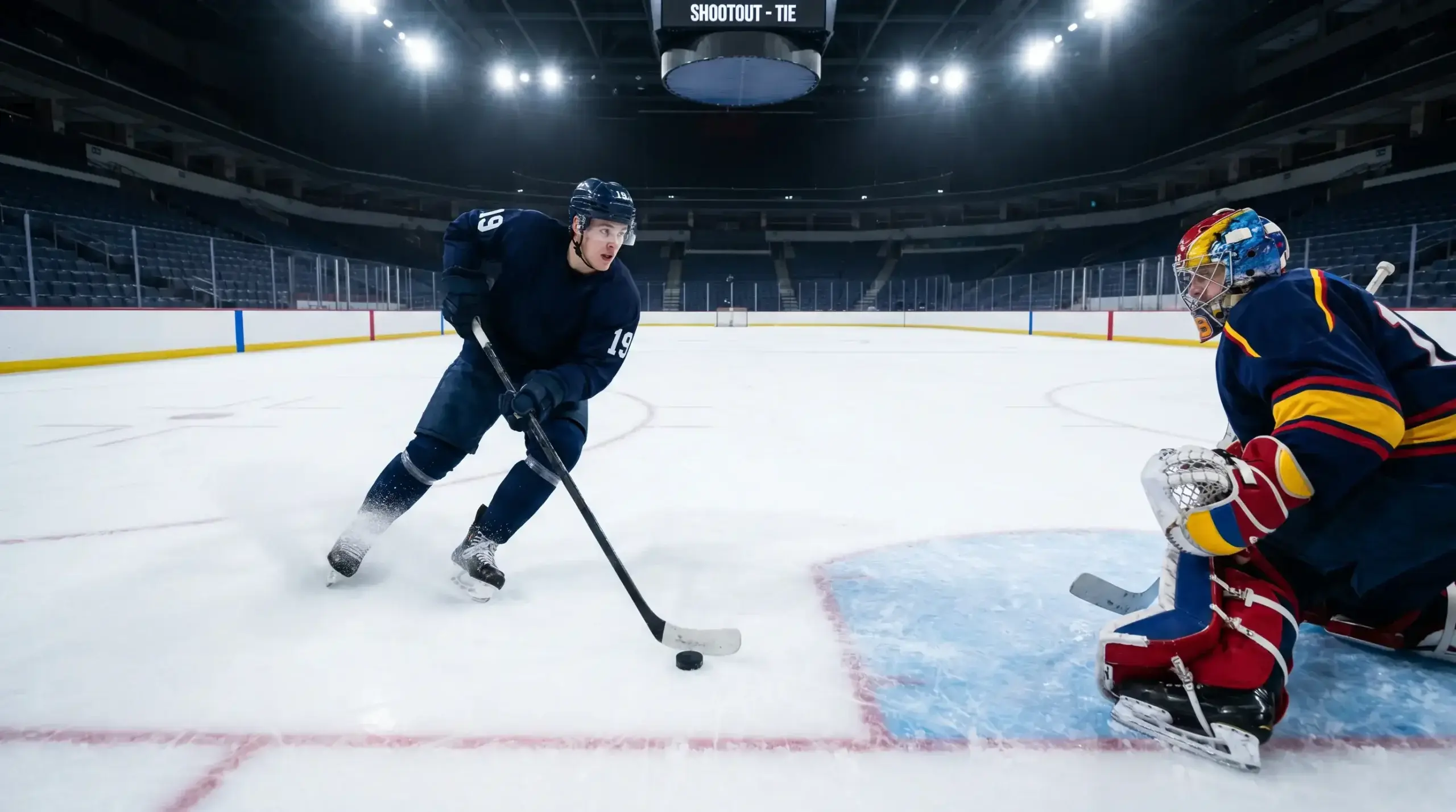 Ice hockey players lining up for an overtime shootout that caps the winning margin
