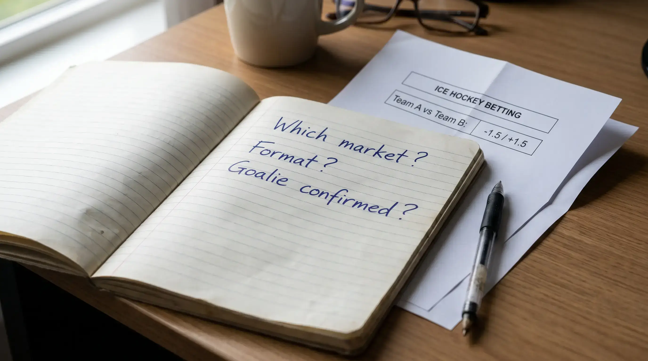 A notebook listing pre-bet checks for an ice hockey wager beside a printed betting line