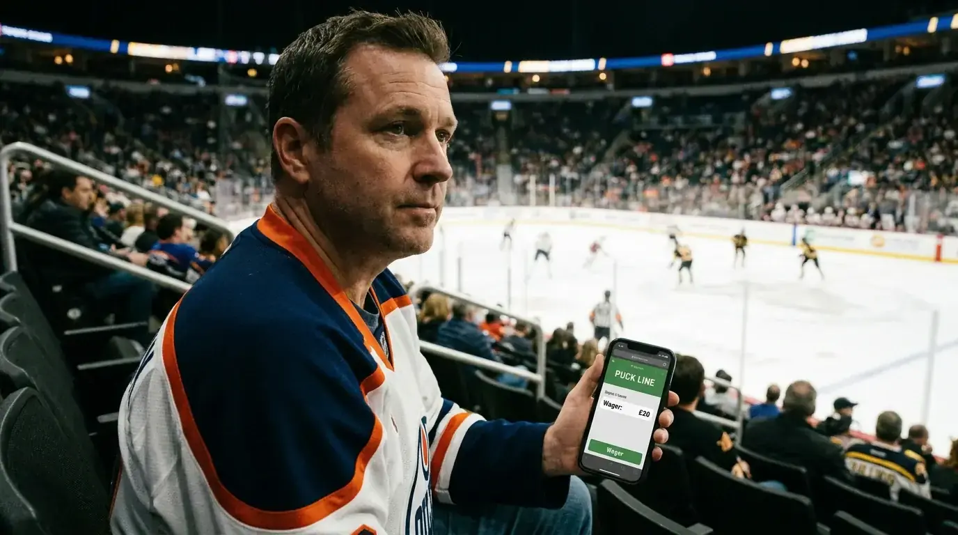 Punter weighing a puck line bet while watching an ice hockey match