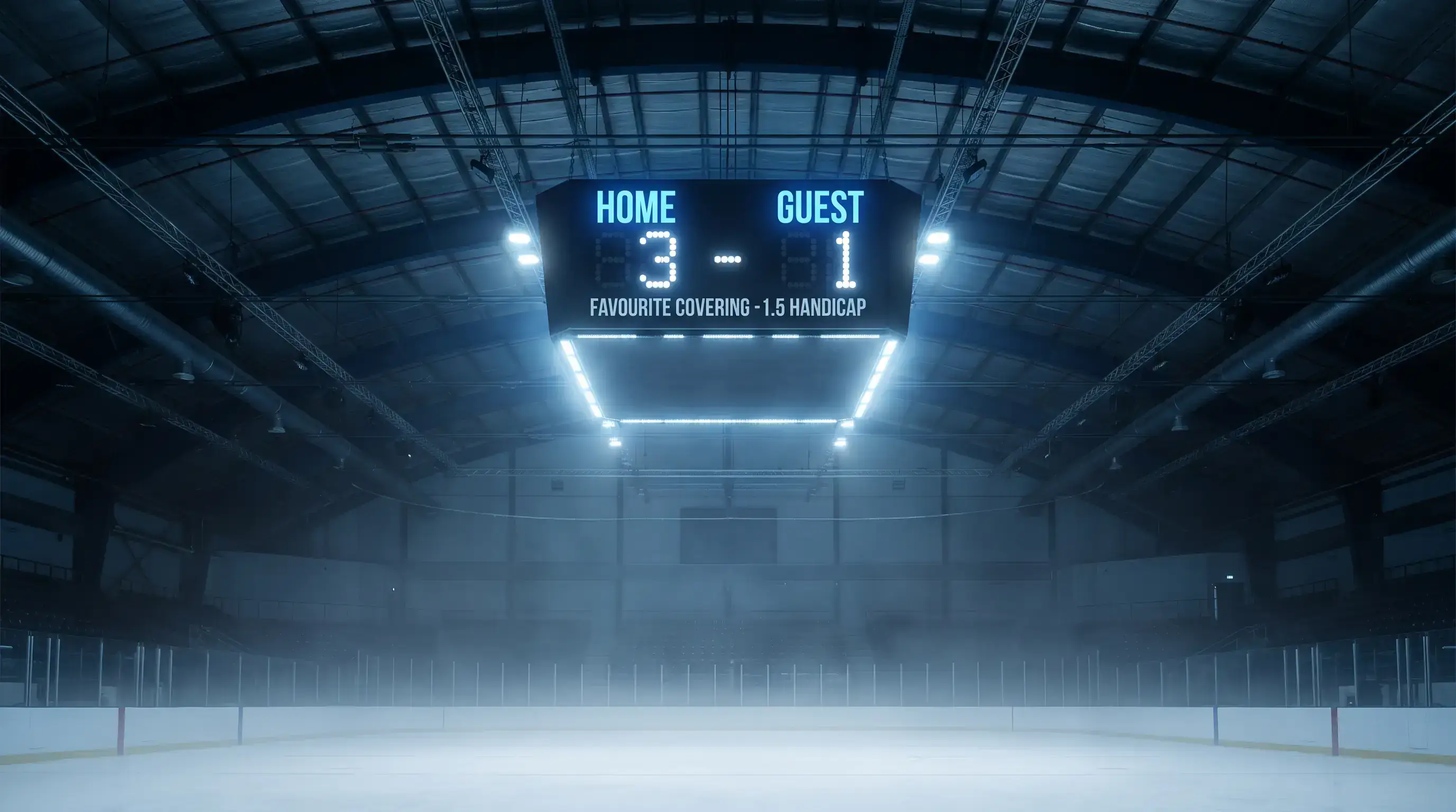 Ice hockey scoreboard showing a two-goal margin needed to cover a minus 1.5 puck line handicap