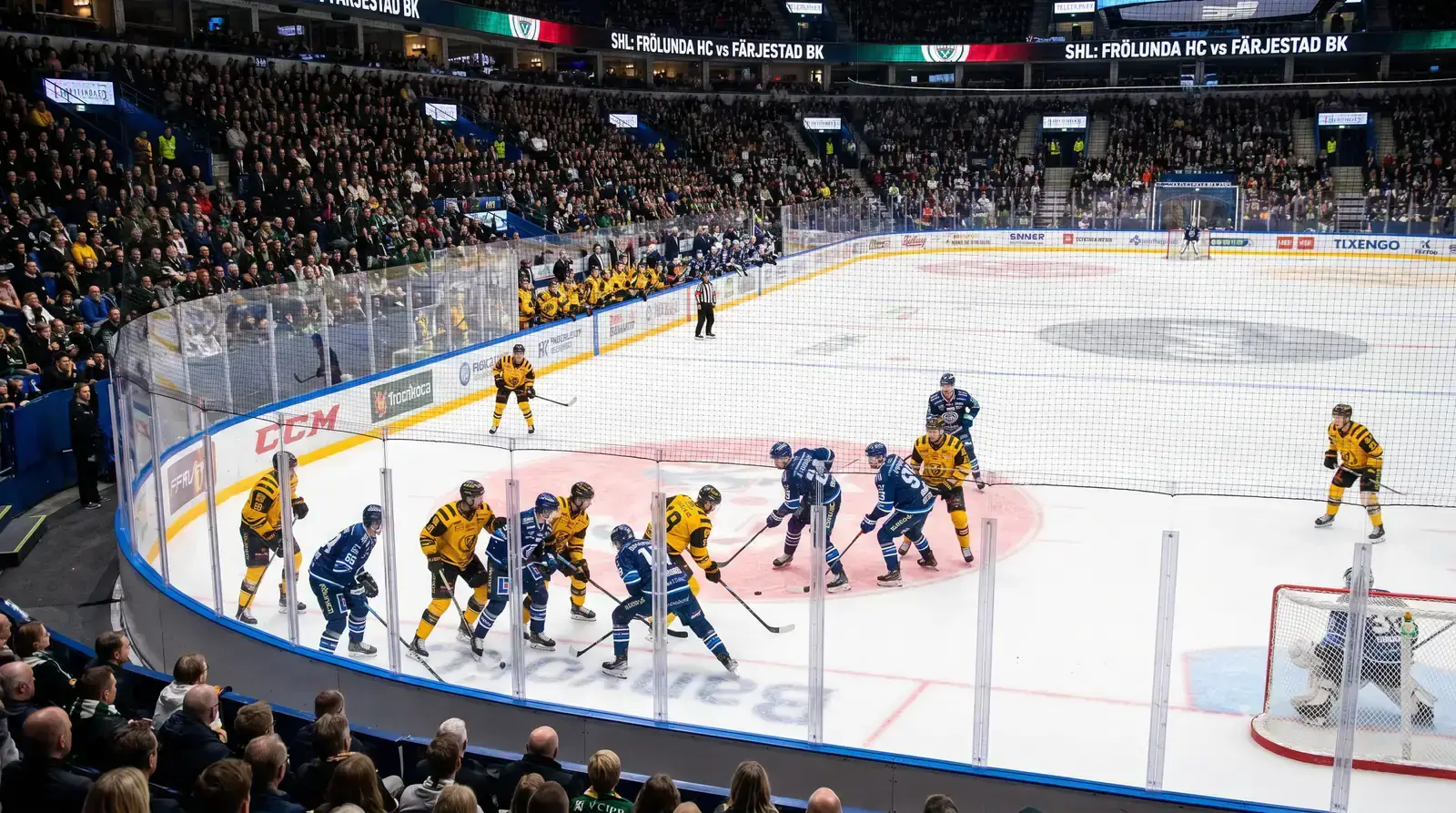 A tightly contested Swedish Hockey League match between evenly matched sides