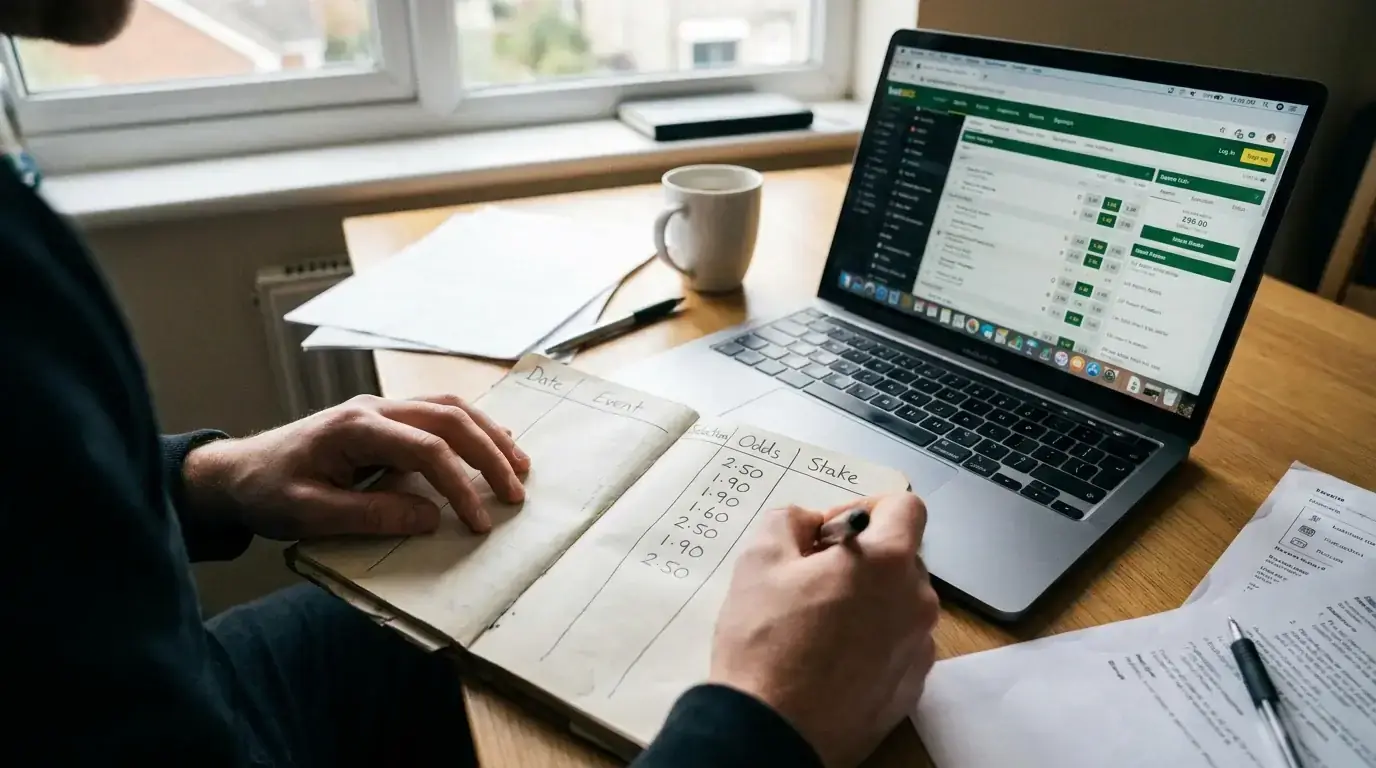 A bettor logging the odds taken versus the closing line in a tracking sheet