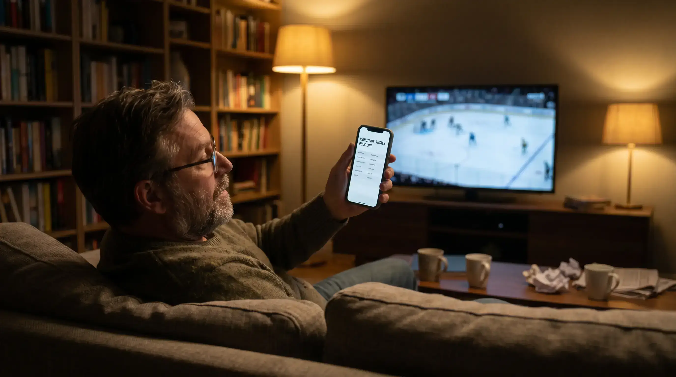 A UK punter studying ice hockey odds on a phone, representing millions of active online betting accounts