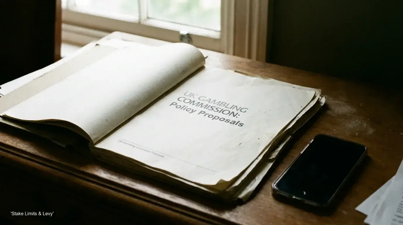 A UK Gambling Commission regulation document on a desk beside a betting account settings page